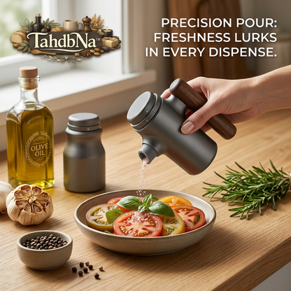 TahdbNa™ Adjustable Spice Dispenser with Ergonomic Wooden Handle - Precision Portion Control Salt and Pepper Shaker - Modern Matte Metallic Seasoning Dispenser for Kitchen Cooking, Dining, and BBQ