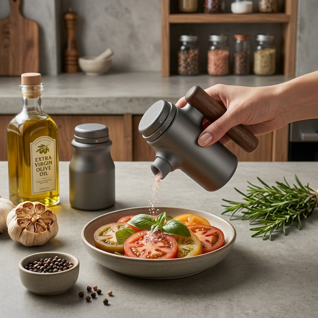 TahdbNa™ Adjustable Spice Dispenser with Ergonomic Wooden Handle - Precision Portion Control Salt and Pepper Shaker - Modern Matte Metallic Seasoning Dispenser for Kitchen Cooking, Dining, and BBQ