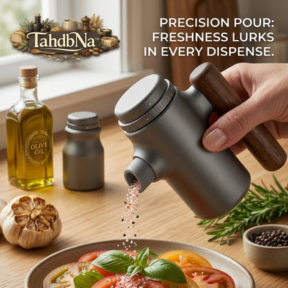 TahdbNa™ Adjustable Spice Dispenser with Ergonomic Wooden Handle - Precision Portion Control Salt and Pepper Shaker - Modern Matte Metallic Seasoning Dispenser for Kitchen Cooking, Dining, and BBQ