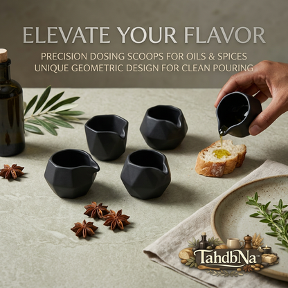 TahdbNa™ 5-Piece Ceramic Oil Pouring Cups - Matte Black Geometric Dosing Scoops for Olive Oil, Soy Sauce, Vinegar & Salad Dressings | Drip-Free Mini Sauce Boats & Dipping Bowls for Kitchen & Dining