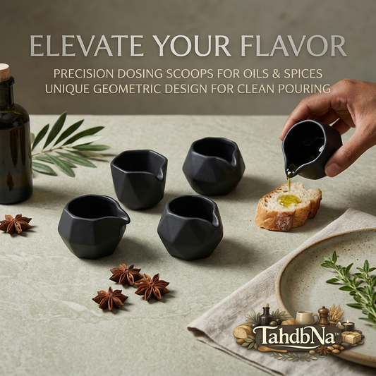 TahdbNa™ 5-Piece Ceramic Oil Pouring Cups - Matte Black Geometric Dosing Scoops for Olive Oil, Soy Sauce, Vinegar & Salad Dressings | Drip-Free Mini Sauce Boats & Dipping Bowls for Kitchen & Dining