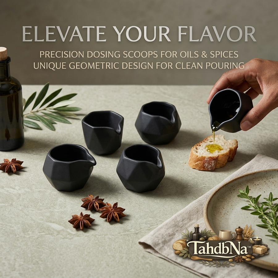 TahdbNa™ 5-Piece Ceramic Oil Pouring Cups - Matte Black Geometric Dosing Scoops for Olive Oil, Soy Sauce, Vinegar & Salad Dressings | Drip-Free Mini Sauce Boats & Dipping Bowls for Kitchen & Dining