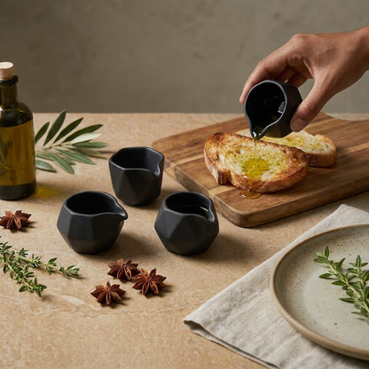 TahdbNa™ 5-Piece Ceramic Oil Pouring Cups - Matte Black Geometric Dosing Scoops for Olive Oil, Soy Sauce, Vinegar & Salad Dressings | Drip-Free Mini Sauce Boats & Dipping Bowls for Kitchen & Dining