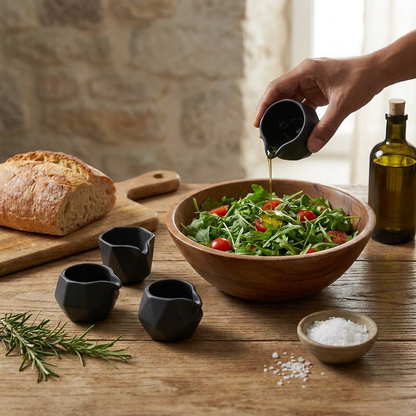 TahdbNa™ 5-Piece Ceramic Oil Pouring Cups - Matte Black Geometric Dosing Scoops for Olive Oil, Soy Sauce, Vinegar & Salad Dressings | Drip-Free Mini Sauce Boats & Dipping Bowls for Kitchen & Dining