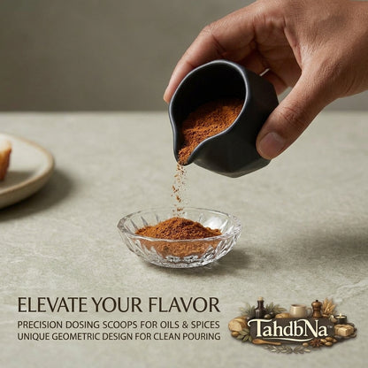 TahdbNa™ 5-Piece Ceramic Oil Pouring Cups - Matte Black Geometric Dosing Scoops for Olive Oil, Soy Sauce, Vinegar & Salad Dressings | Drip-Free Mini Sauce Boats & Dipping Bowls for Kitchen & Dining