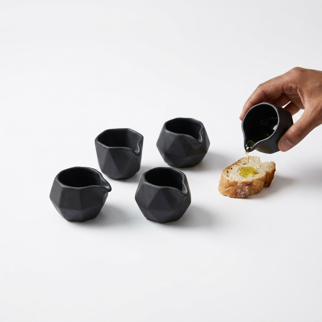 TahdbNa™ 5-Piece Ceramic Oil Pouring Cups - Matte Black Geometric Dosing Scoops for Olive Oil, Soy Sauce, Vinegar & Salad Dressings | Drip-Free Mini Sauce Boats & Dipping Bowls for Kitchen & Dining