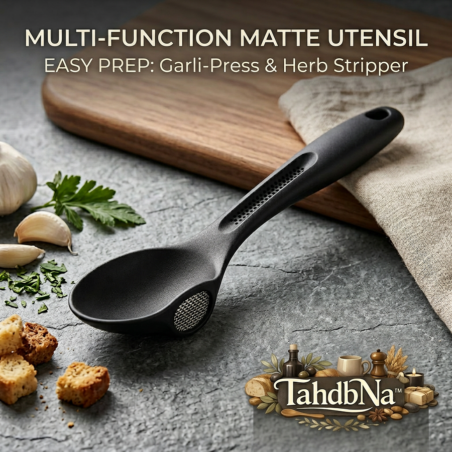 TahdbNa™ Multi-Function Matte Cooking Spoon - 3-in-1 Kitchen Utensil with Integrated Garlic Press & Herb Stripper, Ergonomic Stirring Spoon, Herb Leaf Remover, Garlic Mincer Crusher, Space-Saving Food Prep Tool
