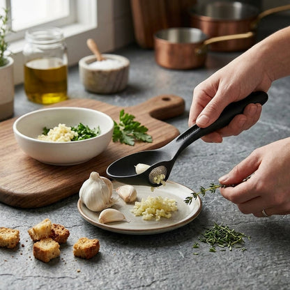 TahdbNa™ Multi-Function Matte Cooking Spoon - 3-in-1 Kitchen Utensil with Integrated Garlic Press & Herb Stripper, Ergonomic Stirring Spoon, Herb Leaf Remover, Garlic Mincer Crusher, Space-Saving Food Prep Tool
