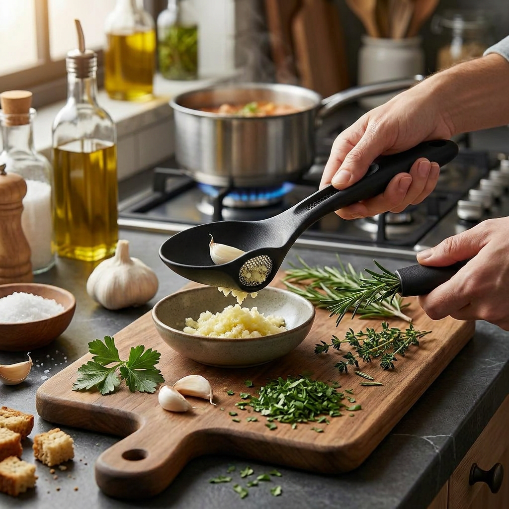 TahdbNa™ Multi-Function Matte Cooking Spoon - 3-in-1 Kitchen Utensil with Integrated Garlic Press & Herb Stripper, Ergonomic Stirring Spoon, Herb Leaf Remover, Garlic Mincer Crusher, Space-Saving Food Prep Tool