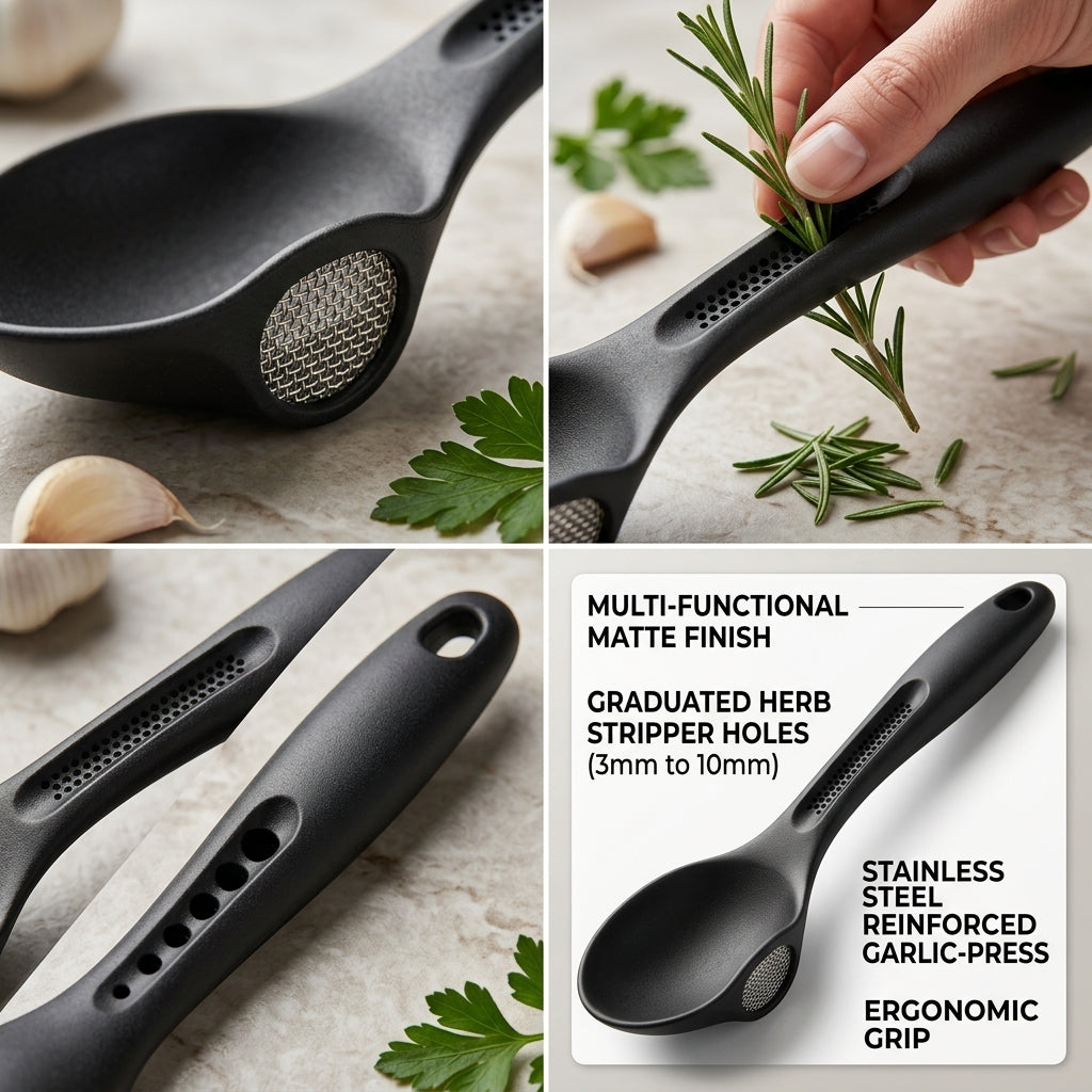 TahdbNa™ Multi-Function Matte Cooking Spoon - 3-in-1 Kitchen Utensil with Integrated Garlic Press & Herb Stripper, Ergonomic Stirring Spoon, Herb Leaf Remover, Garlic Mincer Crusher, Space-Saving Food Prep Tool