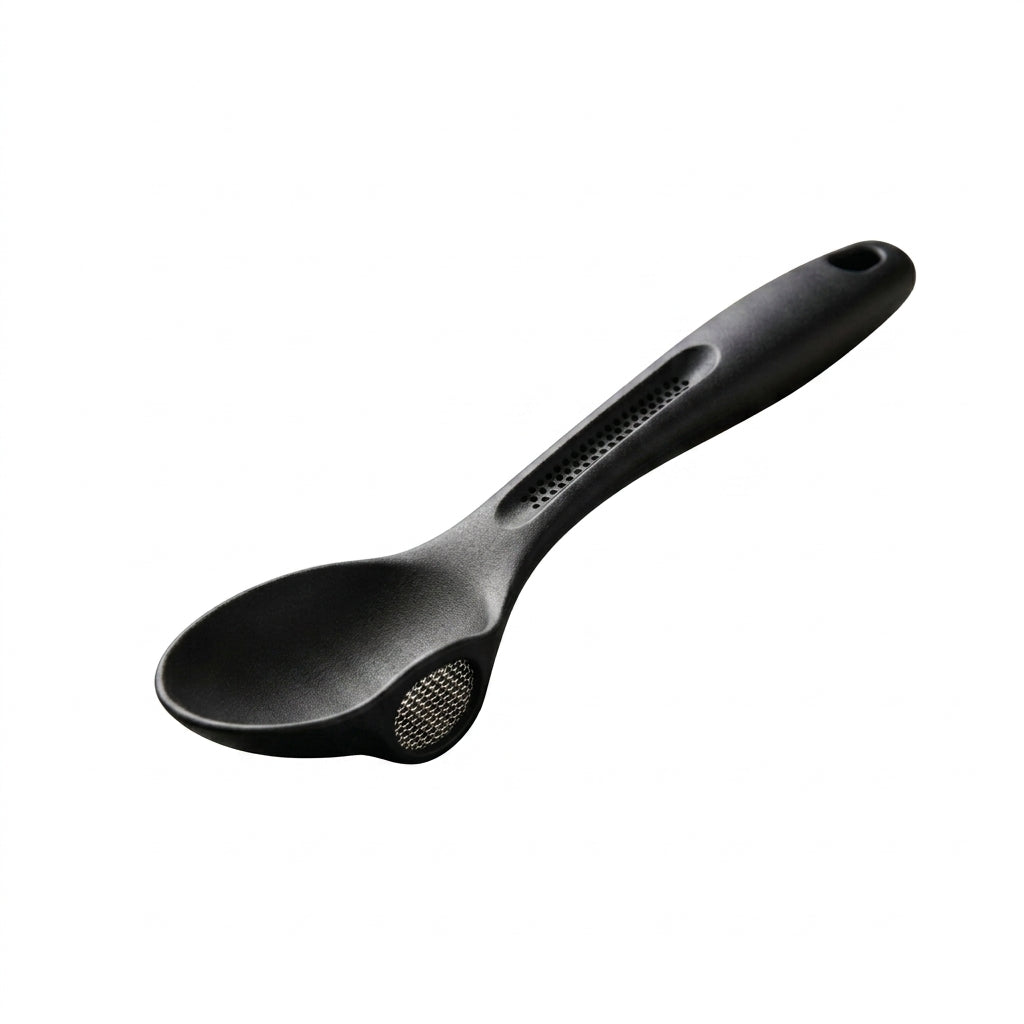 TahdbNa™ Multi-Function Matte Cooking Spoon - 3-in-1 Kitchen Utensil with Integrated Garlic Press & Herb Stripper, Ergonomic Stirring Spoon, Herb Leaf Remover, Garlic Mincer Crusher, Space-Saving Food Prep Tool