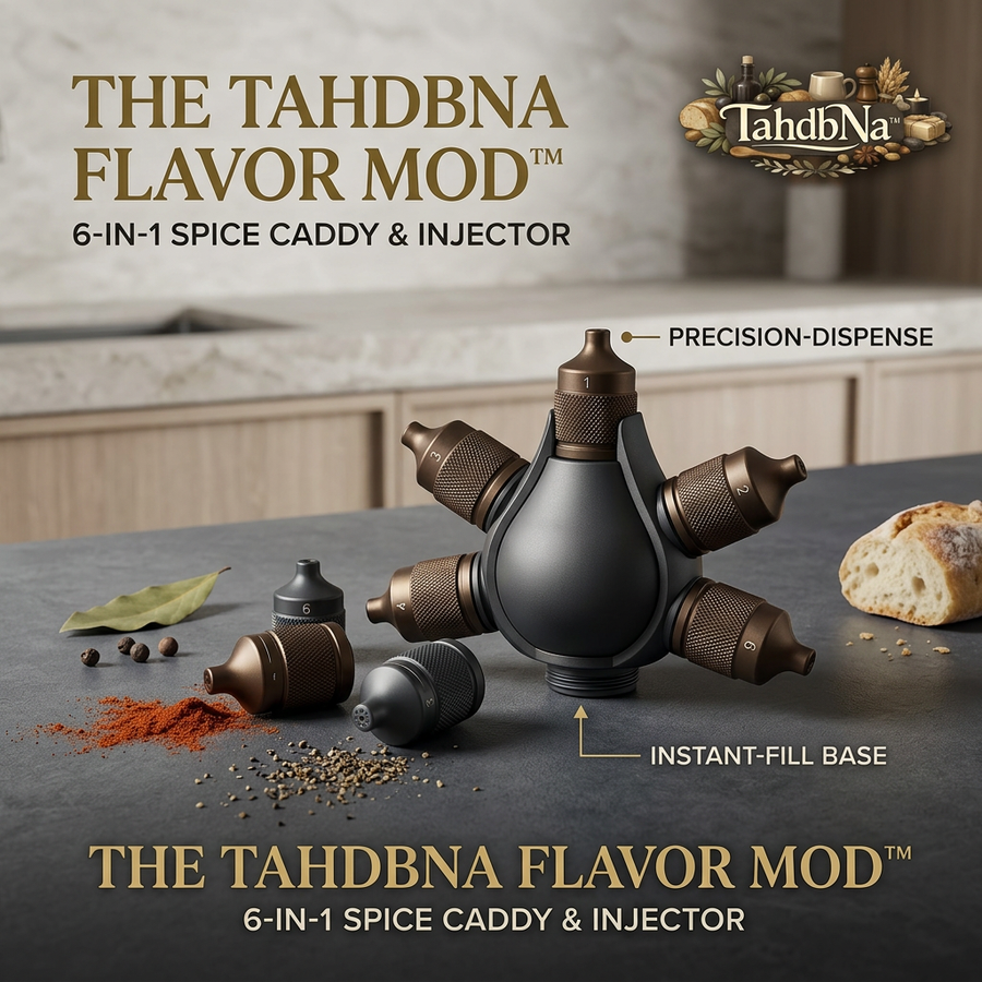 TahdbNa™ Flavor Mod 6-in-1 Spice Caddy & Marinade Injector | Portable Seasoning Dispenser with Precision-Dispense Tips & Instant-Fill Base | Premium Food-Grade BBQ & Cooking Culinary Tool for Chefs