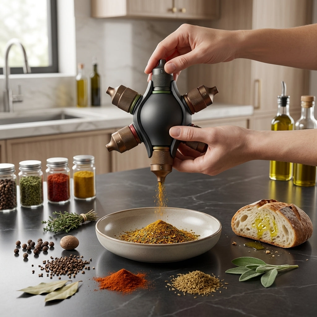 TahdbNa™ Flavor Mod 6-in-1 Spice Caddy & Marinade Injector | Portable Seasoning Dispenser with Precision-Dispense Tips & Instant-Fill Base | Premium Food-Grade BBQ & Cooking Culinary Tool for Chefs