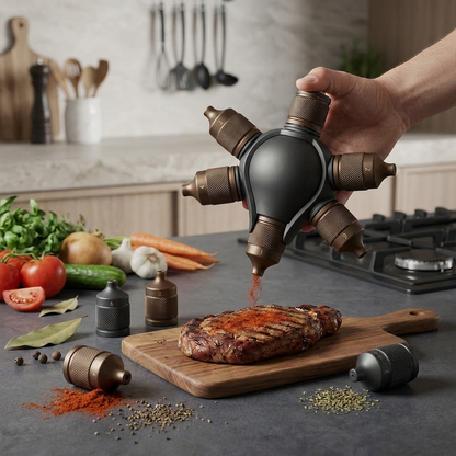 TahdbNa™ Flavor Mod 6-in-1 Spice Caddy & Marinade Injector | Portable Seasoning Dispenser with Precision-Dispense Tips & Instant-Fill Base | Premium Food-Grade BBQ & Cooking Culinary Tool for Chefs