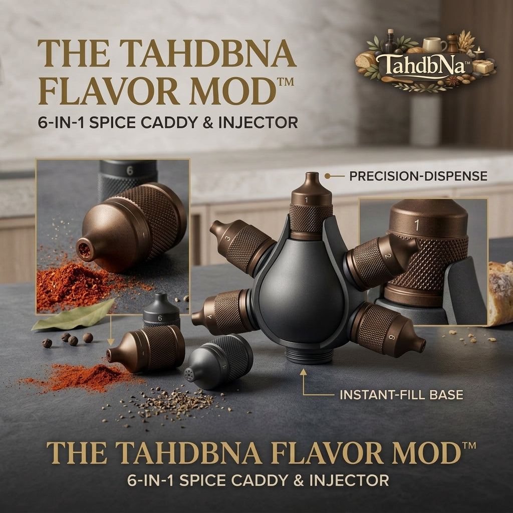 TahdbNa™ Flavor Mod 6-in-1 Spice Caddy & Marinade Injector | Portable Seasoning Dispenser with Precision-Dispense Tips & Instant-Fill Base | Premium Food-Grade BBQ & Cooking Culinary Tool for Chefs