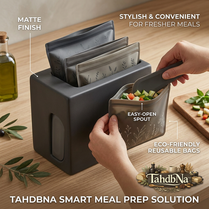 TahdbNa™ Reusable Food Storage Bags with Matte Organizer Box | Eco-Friendly Stand-Up Meal Prep Pouches with Easy-Open Wide Spout | Leakproof Silicone Bags, Kitchen & Fridge Space-Saving Organization Set for Fresh Meals, Veggies & Snacks