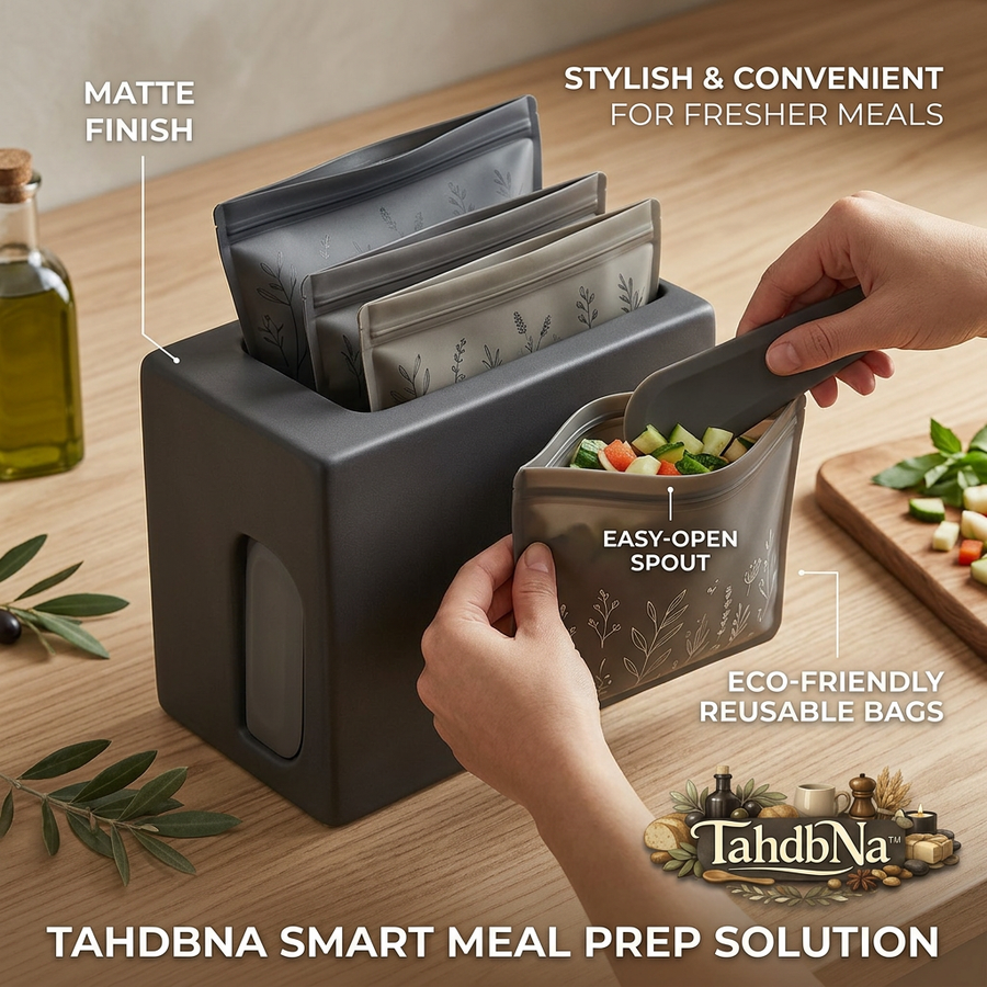 TahdbNa™ Reusable Food Storage Bags with Matte Organizer Box | Eco-Friendly Stand-Up Meal Prep Pouches with Easy-Open Wide Spout | Leakproof Silicone Bags, Kitchen & Fridge Space-Saving Organization Set for Fresh Meals, Veggies & Snacks