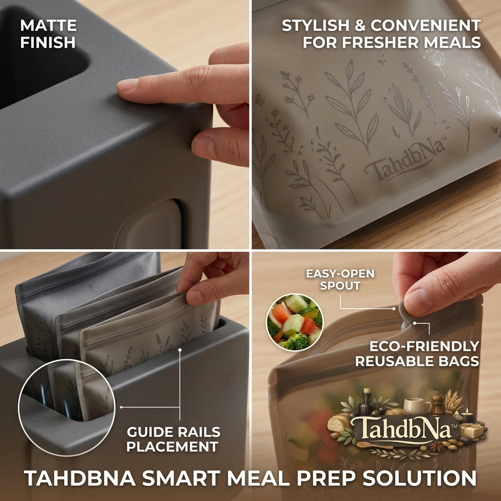 TahdbNa™ Reusable Food Storage Bags with Matte Organizer Box | Eco-Friendly Stand-Up Meal Prep Pouches with Easy-Open Wide Spout | Leakproof Silicone Bags, Kitchen & Fridge Space-Saving Organization Set for Fresh Meals, Veggies & Snacks
