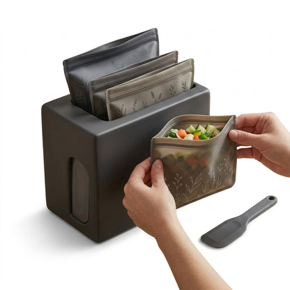 TahdbNa™ Reusable Food Storage Bags with Matte Organizer Box | Eco-Friendly Stand-Up Meal Prep Pouches with Easy-Open Wide Spout | Leakproof Silicone Bags, Kitchen & Fridge Space-Saving Organization Set for Fresh Meals, Veggies & Snacks