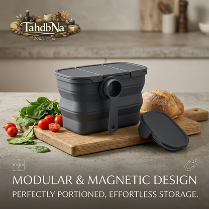 TahdbNa™ Collapsible Silicone Food Storage Containers with Magnetic Measuring Scoop, Leakproof Modular Bento Lunch Box for Meal Prep, Portion Control & Space-Saving Kitchen Storage, BPA-Free & Microwave Safe