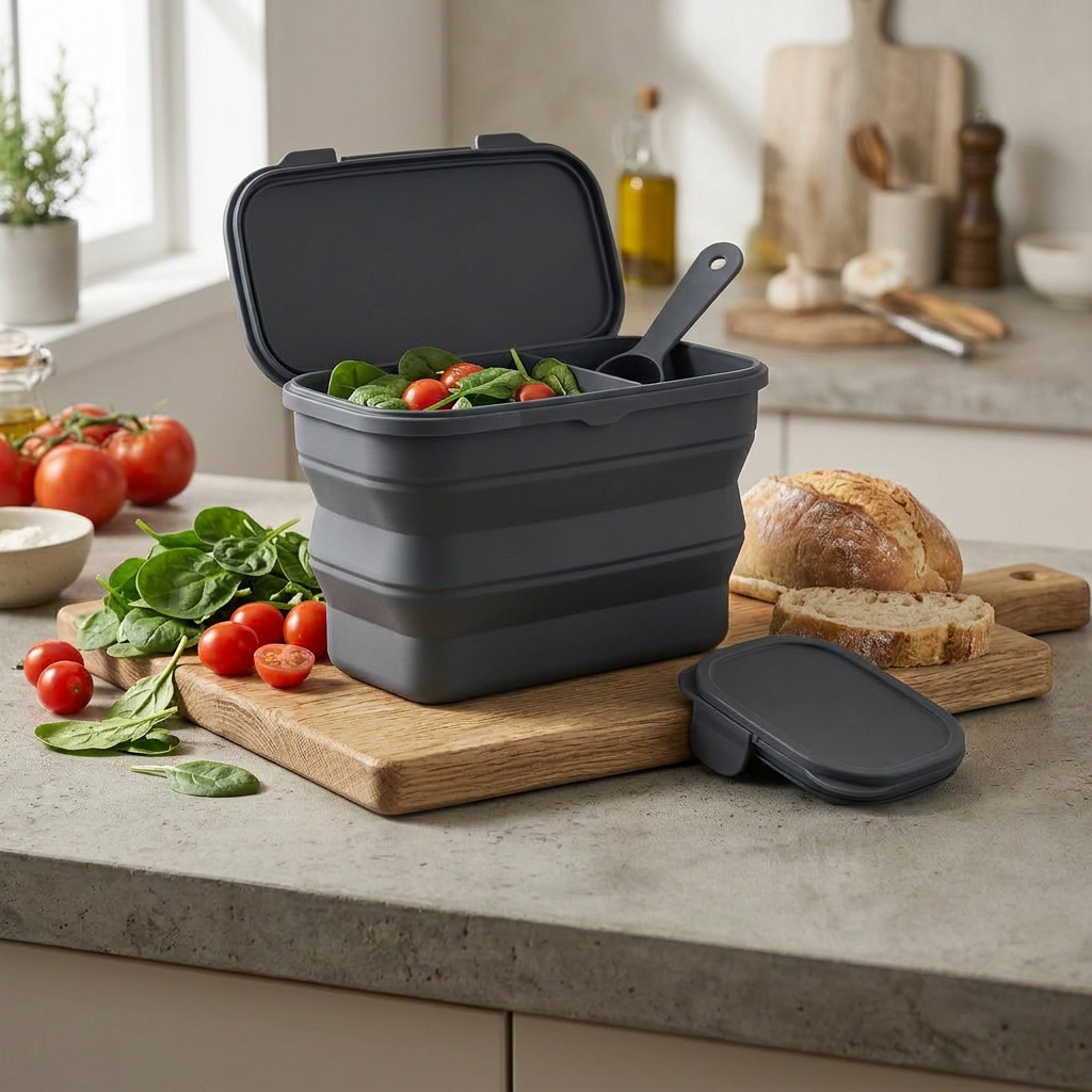 TahdbNa™ Collapsible Silicone Food Storage Containers with Magnetic Measuring Scoop, Leakproof Modular Bento Lunch Box for Meal Prep, Portion Control & Space-Saving Kitchen Storage, BPA-Free & Microwave Safe