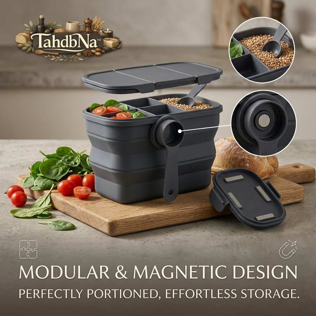 TahdbNa™ Collapsible Silicone Food Storage Containers with Magnetic Measuring Scoop, Leakproof Modular Bento Lunch Box for Meal Prep, Portion Control & Space-Saving Kitchen Storage, BPA-Free & Microwave Safe
