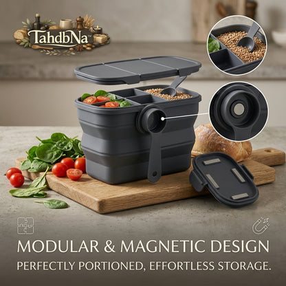 TahdbNa™ Collapsible Silicone Food Storage Containers with Magnetic Measuring Scoop, Leakproof Modular Bento Lunch Box for Meal Prep, Portion Control & Space-Saving Kitchen Storage, BPA-Free & Microwave Safe