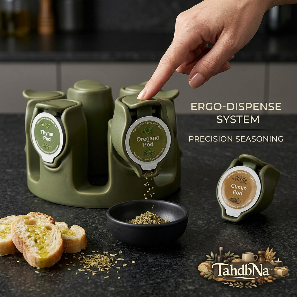 TahdbNa™ Ergonomic Spice Dispenser Carousel - Precision Seasoning Pod Organizer with One-Touch Ergo-Dispense System | Modern Olive Green Herb and Spice Rack for Kitchen Countertop & Cooking