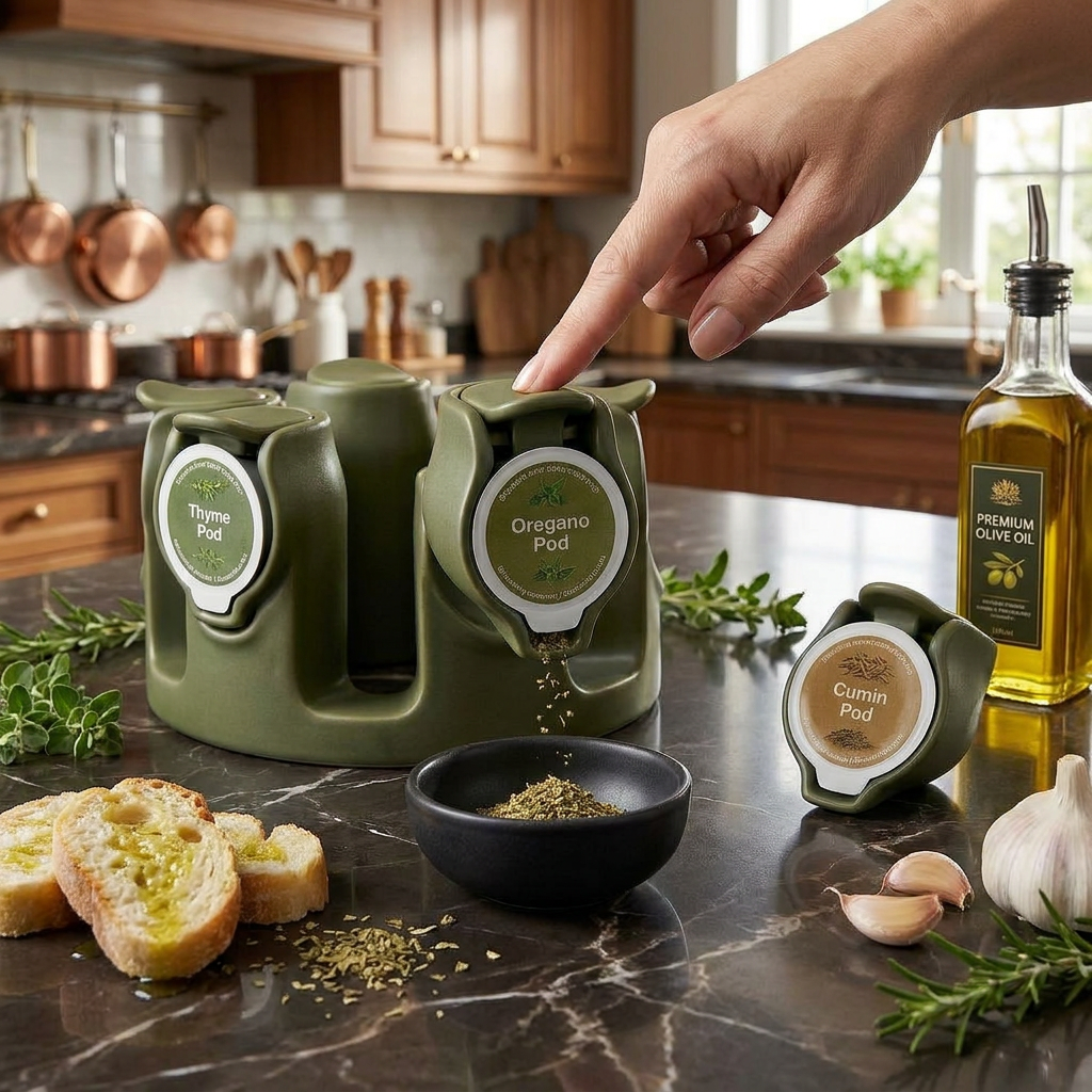 TahdbNa™ Ergonomic Spice Dispenser Carousel - Precision Seasoning Pod Organizer with One-Touch Ergo-Dispense System | Modern Olive Green Herb and Spice Rack for Kitchen Countertop & Cooking