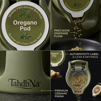 TahdbNa™ Ergonomic Spice Dispenser Carousel - Precision Seasoning Pod Organizer with One-Touch Ergo-Dispense System | Modern Olive Green Herb and Spice Rack for Kitchen Countertop & Cooking