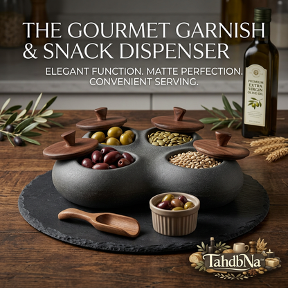 TahdbNa™ 4-Compartment Ceramic Snack and Garnish Dispenser Set - Matte Black Stoneware Appetizer Serving Tray with Walnut Wood Lids, Slate Board, Wooden Scoop & Ramekin for Olives, Nuts, Charcuterie