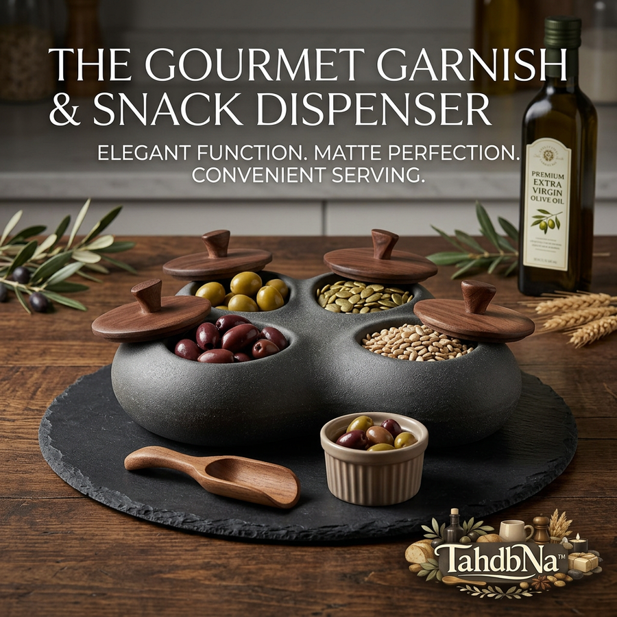 TahdbNa™ 4-Compartment Ceramic Snack and Garnish Dispenser Set - Matte Black Stoneware Appetizer Serving Tray with Walnut Wood Lids, Slate Board, Wooden Scoop & Ramekin for Olives, Nuts, Charcuterie