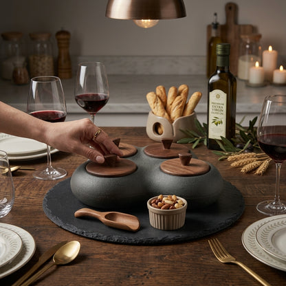 TahdbNa™ 4-Compartment Ceramic Snack and Garnish Dispenser Set - Matte Black Stoneware Appetizer Serving Tray with Walnut Wood Lids, Slate Board, Wooden Scoop & Ramekin for Olives, Nuts, Charcuterie