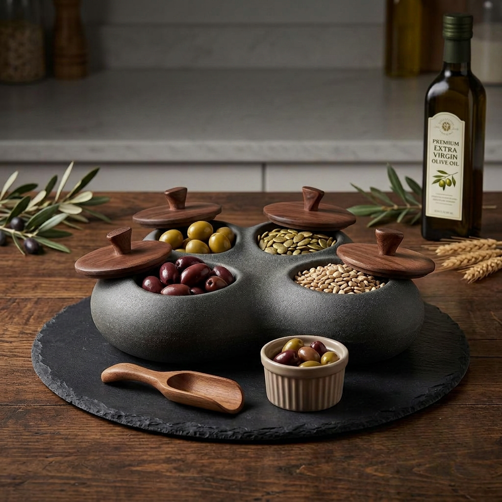 TahdbNa™ 4-Compartment Ceramic Snack and Garnish Dispenser Set - Matte Black Stoneware Appetizer Serving Tray with Walnut Wood Lids, Slate Board, Wooden Scoop & Ramekin for Olives, Nuts, Charcuterie