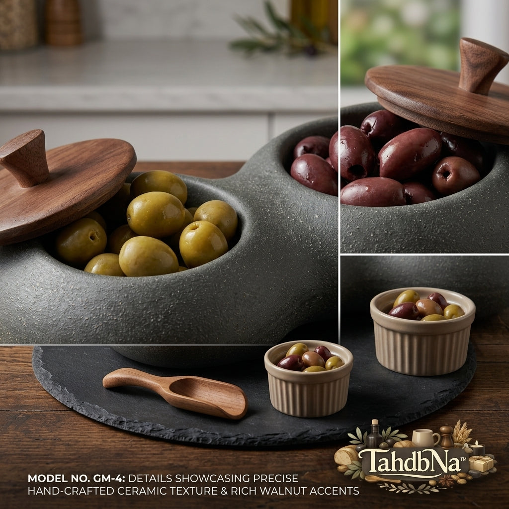 TahdbNa™ 4-Compartment Ceramic Snack and Garnish Dispenser Set - Matte Black Stoneware Appetizer Serving Tray with Walnut Wood Lids, Slate Board, Wooden Scoop & Ramekin for Olives, Nuts, Charcuterie