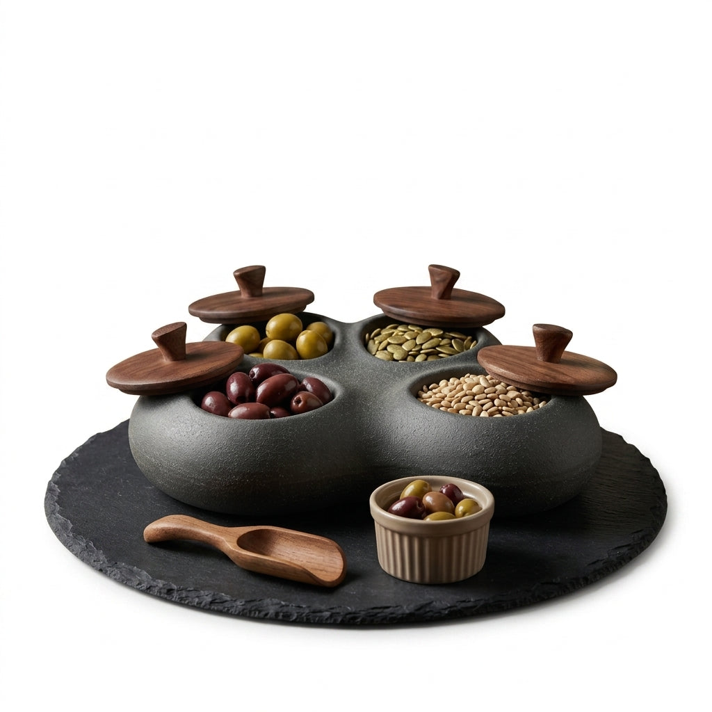 TahdbNa™ 4-Compartment Ceramic Snack and Garnish Dispenser Set - Matte Black Stoneware Appetizer Serving Tray with Walnut Wood Lids, Slate Board, Wooden Scoop & Ramekin for Olives, Nuts, Charcuterie