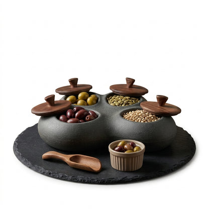 TahdbNa™ 4-Compartment Ceramic Snack and Garnish Dispenser Set - Matte Black Stoneware Appetizer Serving Tray with Walnut Wood Lids, Slate Board, Wooden Scoop & Ramekin for Olives, Nuts, Charcuterie