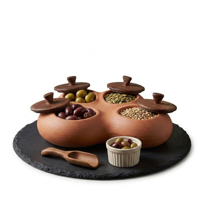 TahdbNa™ 4-Compartment Ceramic Snack and Garnish Dispenser Set - Matte Black Stoneware Appetizer Serving Tray with Walnut Wood Lids, Slate Board, Wooden Scoop & Ramekin for Olives, Nuts, Charcuterie